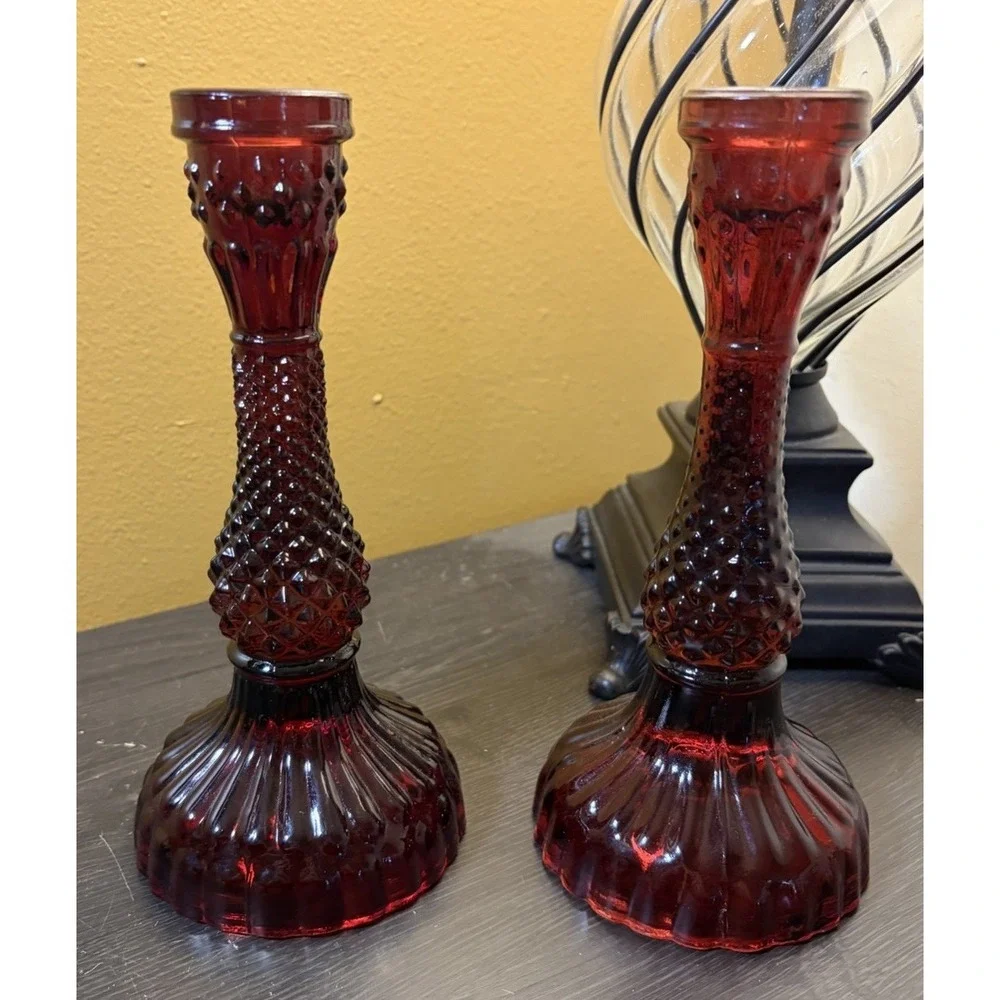 Pair of Ruby Red Pressed Glass Taper Textured Candlestick Holders , 8.5 In